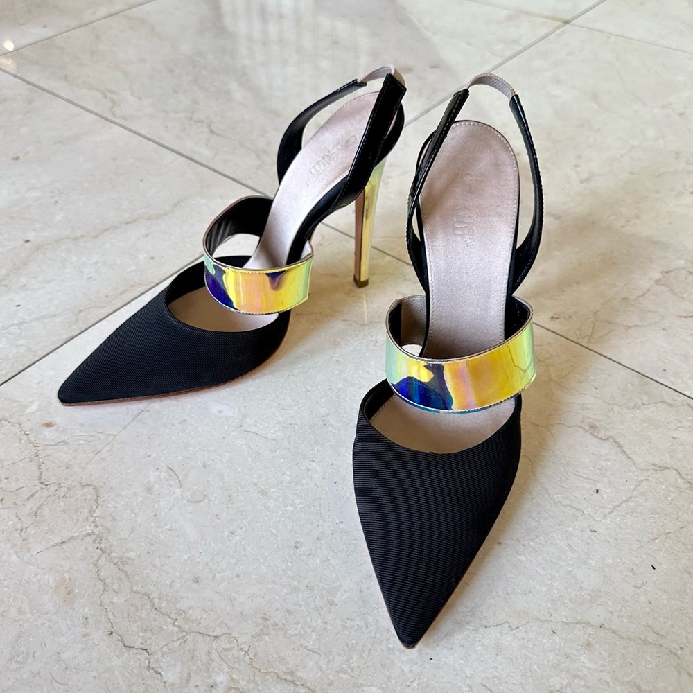 Giambattista Valli Black Canvas Holographic Patent Leather Sandals 38 Brand New